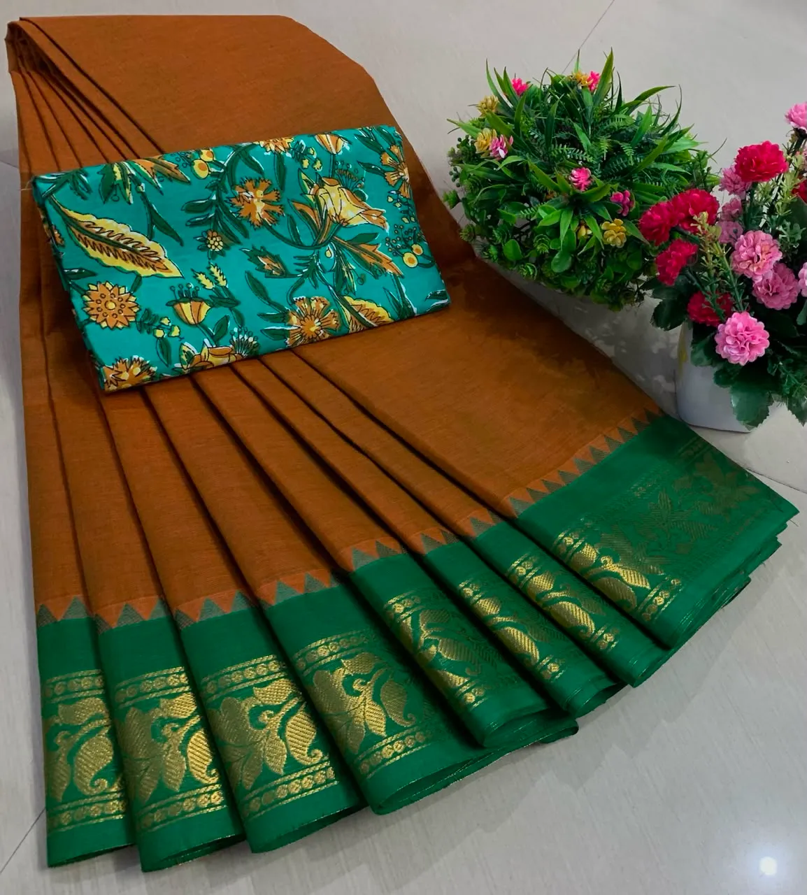 Mustard Green Chettinadu Pure Cotton Saree with Kalamkari Blouse